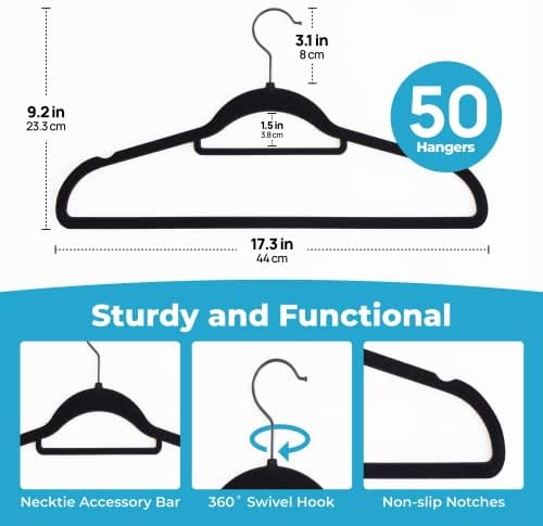 Fontaines Luxury Black Velvet Felt Non Slip Clothes Hangers 50 Pack - Ultra Slim & Space Saving - Heavy Duty Swivel Hook for Clothing, Suit, Top, Tie, Shirt, Skirt & Pant Organization - Image 3