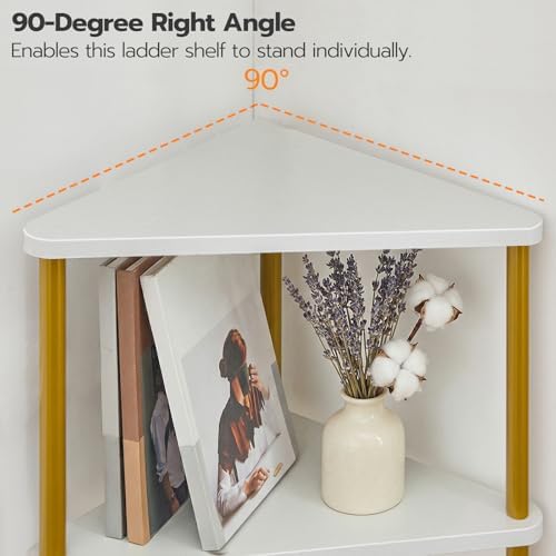 HOOBRO Corner Shelf Stand, Industrial 5-Tier Wall Corner Bookshelf with Metal Frame, Plant Display Shelf, Bookcase for Small Spaces, Bedroom, Living Room, White and Gold DW33CJ01 - Image 6