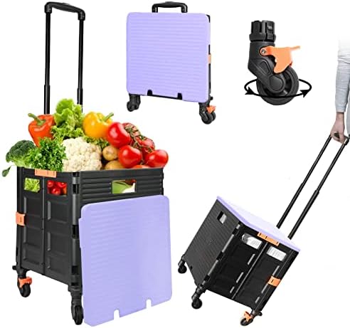 Quick Utility Cart Folding Portable Rolling Crate Handcart with Durable Heavy Duty Plastic Telescoping Handle Collapsible 4 Rotate Wheels for Travel Shopping Moving Luggage Office Use - Image 6