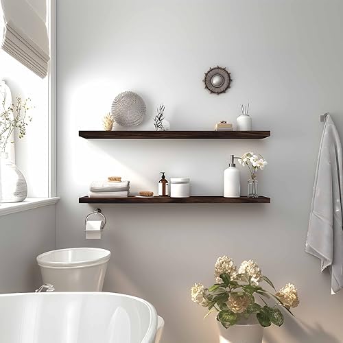 YYWUOJJ Wood Floating Shelves for Wall Decor, Rustic Wall Shelves for Bedroom Bathroom Kitchen Living Room, Set of 4 Walnut 36 Inch - Image 7