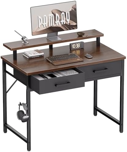 Pamray 32 Inch Small Computer Desk with Monitor Stand and 2 Drawers by PAMRAY