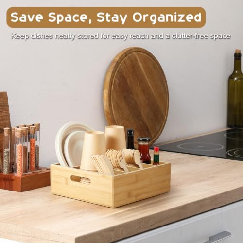 ALELION Bamboo Utensil Holder for Party, Paper Plate Organizer for Countertop, Silverware Caddy with 6 Compartments for Plates, Cups, Forks, Spoons, Napkins, Cutlery Holder for Kitchen Camping Buffet - Image 6