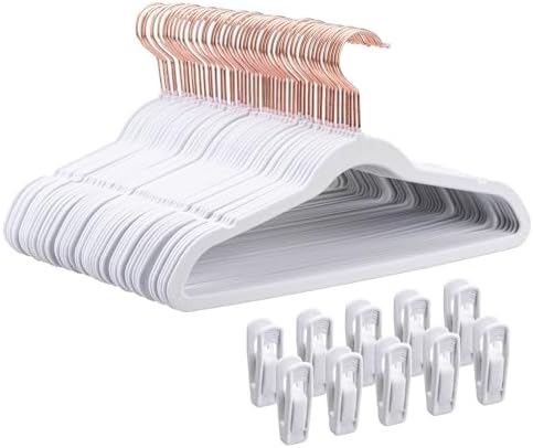 14 Inch Velvet Kids Hangers -50 Pack Durable & Non-Slip Closet Organizers for Big Kids & School-Age Children, 0.2" Ultra Slim Space-Saving Design with 10 Hanger Clips & 360° Rose Gold Hook, White by TonswachicHangersSpaceSaver