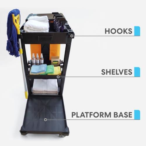 Simpli-Magic Commercial Cleaning Cart with Waste Bag & Lid, Janitorial Utility Cart with 3 Shelves, Mop & Broom Holders, 330 lb Capacity, Yellow/Grey - Image 3