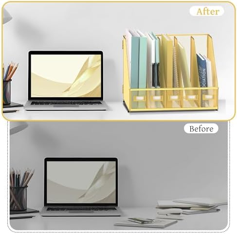SUPEASY Desk Organizers Metal Desk Magazine File Holder with 5 Vertical Compartments Rack File Organizer for Office Desktop, Classroom, Home Workspace, Gold - Image 6