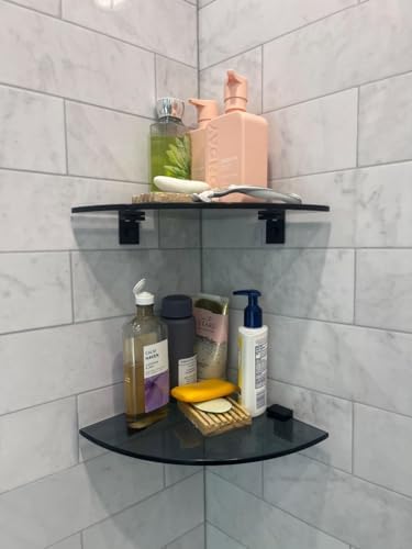 Bakzon 2-Pack Glass Shelf Shower Caddie, Shower Shelves for Inside Shower, Drilling Free Adhesive Wall Mounted Bathroom Organizer Shelves with Aluminium Brackets, Black by BAKZON