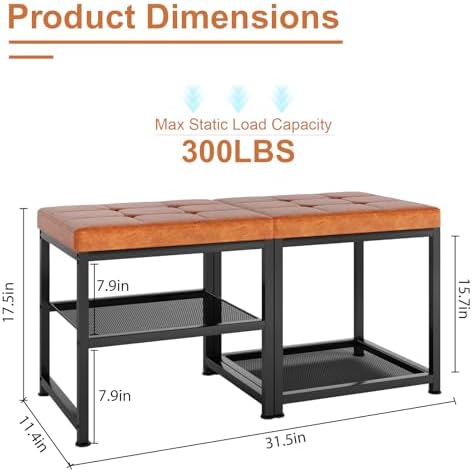 DreamDashio Set of 2 Small Shoe Storage Benches with PU Leather Cushion, 3-Tier Shoe Rack Organizer for Entryway, Metal Mesh Shelves, Holds Up to 300 lbs, Brown (31.5"x11.4"x17.5") - Image 3