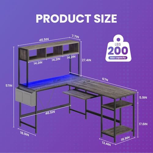 DUMOS 67" L Shaped Gaming Desk，Corner Computer Desk with Storage Shelf - Image 3