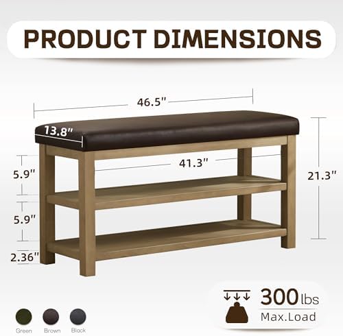 Zihanhome Shoe Rack Bench with Leather Cushion, 2 Tier Solid Wood Storage Bench, Mid-Century Modern Shoe Bench for Entryway, Hallway, Closet, Front Door Entrance, Foyer (Dark Brown, 46.5) - Image 2