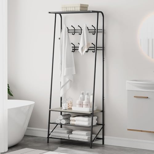 OUTLANE Entryway Hall Tree with 10 Hooks, Shoe Bench & Storage Shelf, Coat Rack Organizer with Wood Accents and Metal Frame for Entryway, Living Room, Bedroom, Gray-Double row - Image 5