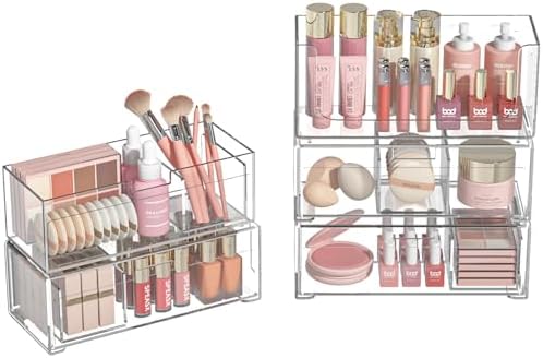 Stackable Storage Drawers Clear Plastic Storage Bins Bathroom Drawer Organizer Medicine Cabinet Organizer Makeup Organizers w Removable Divider Home Workspace Office Desktop Vanity Gift Idea 4Pack - Image 2