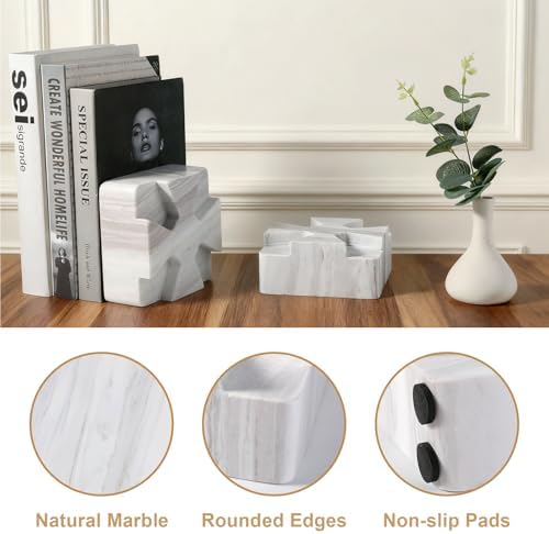 Decorative Square Marble Bookends for Heavy Books – Unique Book Ends for Shelves – Modern Aesthetic Book Holder/Stopper with Non-Slip Pads for Chic Home, Office, or Library Decor, Volakas - Image 3