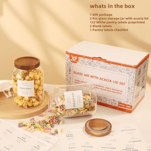 2 Pack Glass Food Storage Containers with Airtight Acacia Wood Lids and 132 Kitchen Pantey Labels Preprint - 43 LF OZ Borosilicate Glass Canister Sets for Food,Coffee,Cookie,Tea,Candy,Sugar - Image 2