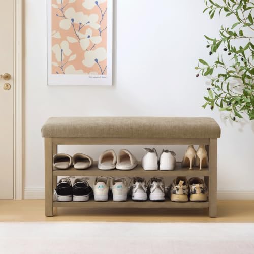 Zihanhome 2 Tier Shoe Rack Bench with Cushion, Solid Wood Shoe Benches, Mid-Century Modern Shoe Storage Bench for Entryway, Hallway, Living Room, Closet, Front Door Entrance, (Brown, 39.4") by Zihanhome