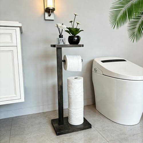 Bamboo Freestanding Bathroom Toilet Paper Holder Stand with Phone Shelf and Storage, Holds 3 Extra Mega Rolls(Balck) - Image 4