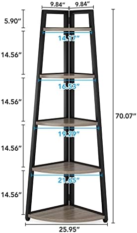 Tribesigns 70 inch Tall Corner Shelf, 5 Tier Industrial Corner Bookshelf Bookcase Industrial Corner Ladder Shelf Plant Stand for Living Room, Kitchen, Home Office (Grey) - Image 2