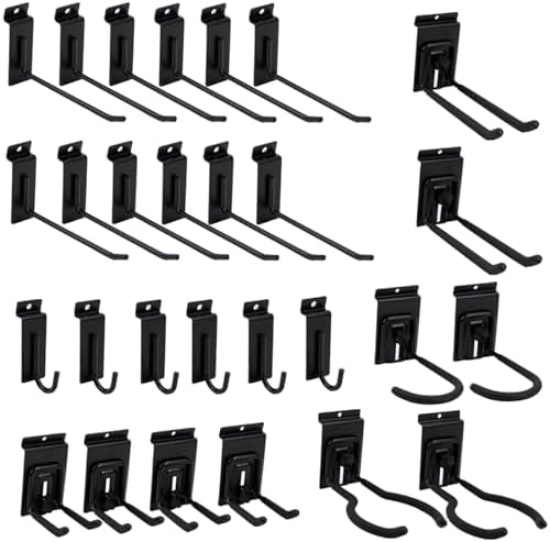 Slat Wall Accessories Garage Hooks Heavy Duty Slatwall Panel Hook Locking Bike Hook for Slat Wall Hooks for Hanging Ladder Storage System Black Accessory for Power Tools Organizer (28 Hook) by FRAYSCENT