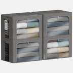 4 Pack Clothes Storage Bins with Metal Frame - 66L Stackable Storage Box with Lid，Foldable Storage Container Organizer for Clothes，Linen Fabric Storage Box with Clear Window＆Zippers＆Handles by Chizjox