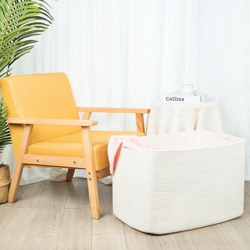 MINTWOOD Design 112L Extra Large Blanket Basket Holder Living Room, 25"x17"x16" Rectangle Rope Woven Storage Basket with Handles for Laundry, Towels, Shoes, Dog Toy Organizer Bin Box, Creamy White - Image 4