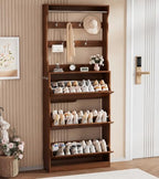 Walnut Hidden Shoe Cabinet with 3 Flip Drawer & Coat Rack, Entryway by Boonatu