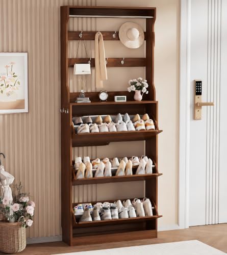 Walnut Hidden Shoe Cabinet with 3 Flip Drawer & Coat Rack, Entryway by Boonatu