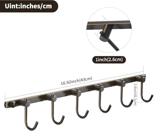 WINCASE Bronze Towel Hooks, Bathroom Rail Hook Rack Wall Mounted, Antique Oil Rubbed Brass Cloth Coat Rack with 6 Hooks Farmhouse - Image 4