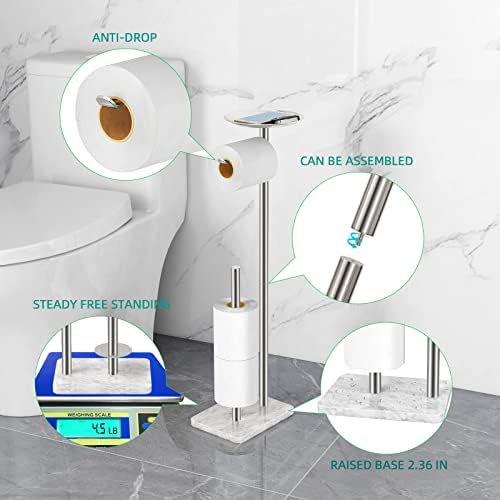 FEILERN Toilet Paper Holder Stand for Bathroom Floor Standing Toilet Roll Dispenser Storages 4 Reserve Rolls, with Top Storage Shelf for Cell Phones, Wipe, Wallet and More(Marble Brush Nickel) - Image 3