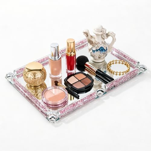 Pink Crushed Diamond Mirror Vanity Tray, 15.7" Large Perfume Tray by ESSGUO