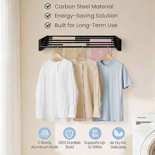 Wall Mounted Laundry Drying Rack, Carbon Steel Foldable & Retractable Clothes Drying Rack, Space Saving Adjustable Towel Holder for Bathroom, Laundry, Small Spaces (1, Black, 50cm) - Image 4