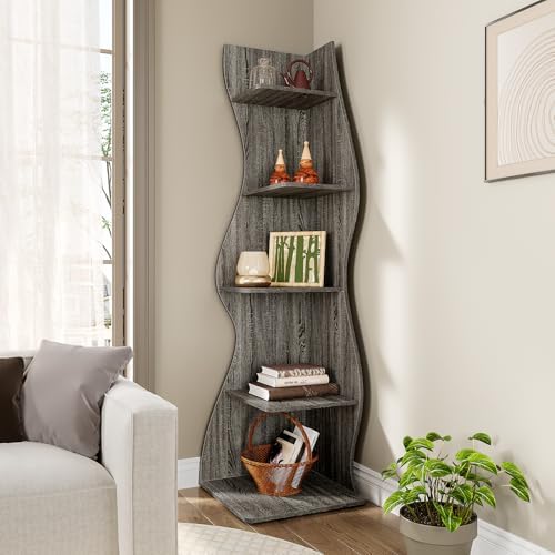 LITTLE TREE 70-Inch Corner Shelf, Seaweed Shaped Etagere Display Bookshelf, Freestanding 5-Tier Wall Shelves for Small Spaces, Living Room, Bedroom, Grey, 1 Pack - Image 5