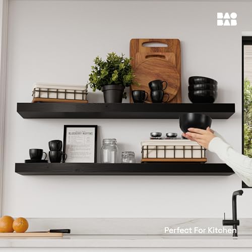 Solid Wood Floating Shelves for Wall 36 Inches Long, Black Wooden Shelf - Image 2