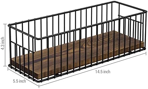 MyGift Toilet Paper Roll Holder Basket, Industrial Matte Black Metal Wire and Rustic Burnt Wood Above Tank Bathroom Toiletries Storage Organizer Vanity Basket - Image 5