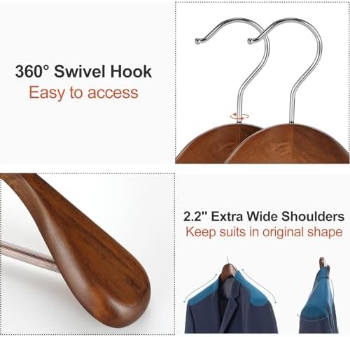 TOPIA HANGER Wide Shoulder Wooden Hangers, Suit Hangers with Non Slip Pants Bar & 360° Swivel Hook, Solid Wood Heavy Duty Coat Hanger, 6 Pack (Walnut)-CT02WA - Image 5