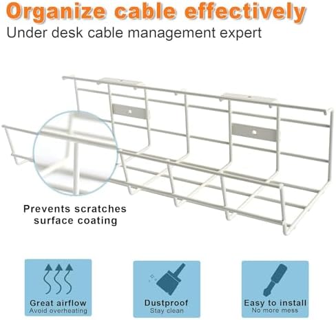 Under Desk Cable Management- 4 Pack Cord Organizer. Metal Wire Cable Management Tray for Office, Studio and Home. Super Sturdy Under Table Cable Managements - White Cable Organizer - Image 3