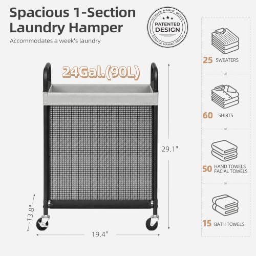STORAGE MANIAC Rolling Laundry Hamper with Wheels 1-Section Laundry Sorter Rolling Laundrys Basket on Wheels with Removable Bag Clothes Hamper Laundrys Organizer Cart Bathroom Bedroom 90L Grey - Image 3
