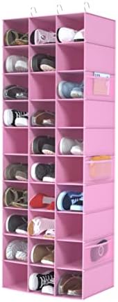 30 Section Hanging Shoe Organizer for Closet, Hanging Closet Organizer and Storage Space-Saving Foldable Clothes Shelf with Sturdy Hooks for Wardrobe, Dorm, Bedroom, Rv, Pink by coastalrose