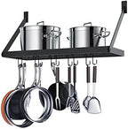 Miyili Pot Rack Square Grid Wall Mounted Kitchen Pot And Pan Organizer Shelf With 10 Hooks, 24 by 10-inch (Black), KR301B1 by Miyili