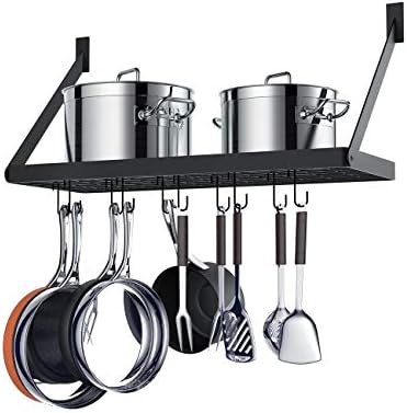 Miyili Pot Rack Square Grid Wall Mounted Kitchen Pot And Pan Organizer Shelf With 10 Hooks, 24 by 10-inch (Black), KR301B1 by Miyili