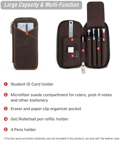 Top Grain Genuine Leather 4 Fountain Pen/Pencil Case Pouch, Handmade Minimalist Design, Zipper Closure with Multi-Function & Slots, Gift Choice for Man/Woman/Office, Matte Coffee, 4 Slots - Image 5