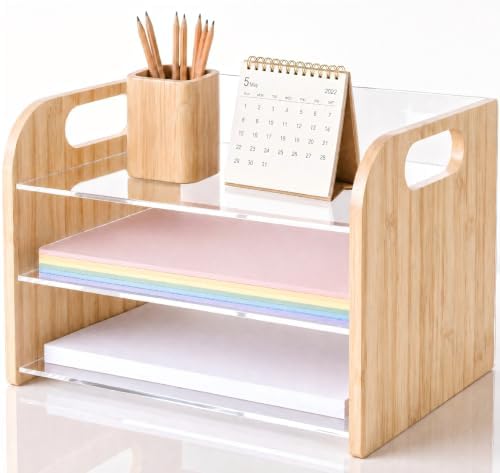 Marsui 3 Tier Desk Paper File Organizer, Bamboo & Acrylic Letter Tray by Marsui