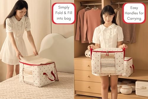 Chaos Cleared Canvas Storage Bags Designer Organizer 2 Pack – Seasonal Storage for Sweaters, Blankets, Linens & Garments – Foldable Design with Zip & Window (Strawberry Print) - Image 3