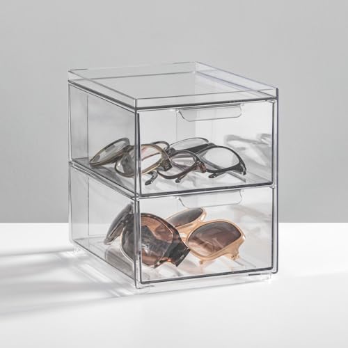 mDesign Stackable Storage Containers Box with 2 Pull-Out Drawers - Stacking Plastic Drawer Bins for Closet Organization, Linen, Coat, Bedroom or Entryway Closets - Lumiere Collection - 4 Pack, Clear - Image 2