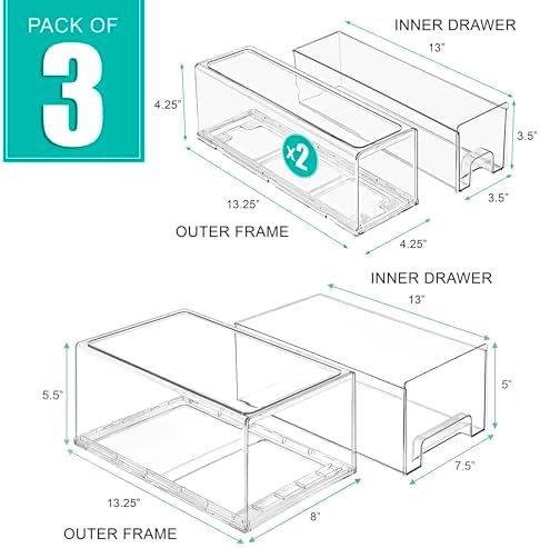 Sorbus Clear Stackable Storage Drawers with Handles (1 Large + 2 Small) - Image 3