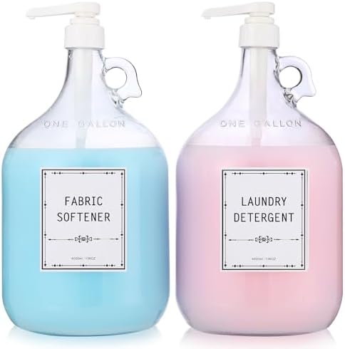 2pcs Glass Liquid Laundry Detergent Dispenser-1 Gallon Glass Pump Bottle Dispensers-Laundry Detergent Dispenser for Fabric Softener, Bleach, Shampoo, Body Wash- Laundry Soap Dispenser by ZJ+Whoest