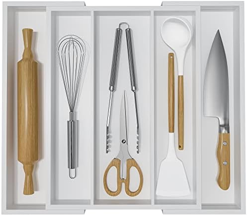 Utensil Organizer for Kitchen Drawers - Bamboo Silverware Tray Expandable 5 Slots Drawer Organizer for Office and Pantry Supplies W13.7-19.9" x L17.6 X H2.5 (White) by WUSHIZHUHUN