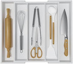 Utensil Organizer for Kitchen Drawers - Bamboo Silverware Tray Expandable 5 Slots Drawer Organizer for Office and Pantry Supplies W13.7-19.9" x L17.6 X H2.5 (White) by WUSHIZHUHUN