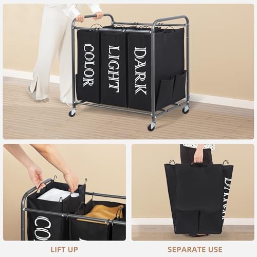 STORAGE MANIAC 3 Section Laundry Sorter Rolling Laundry Hamper, Label Black - Image 4