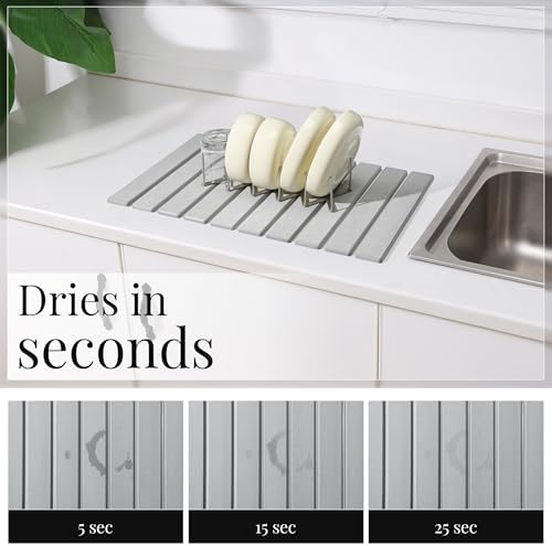 Stone Dish Drying Mat with Collapsible Stainless Steel Rack, Large 23.6 x 15.3 in Diatomaceous Earth Dish Drying Set for Kitchen Counter, Quick Dry, Foldable, Space Saving - Image 2