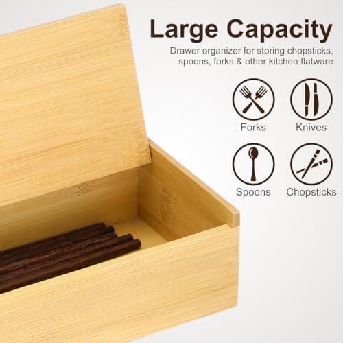 Cabilock Wooden Cutlery Box with Lid, Kitchen Chopsticks Box Utensils Drawer Organizer Bamboo Storage Case Countertop Silverware Container for Tableware - Image 2