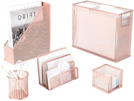 BLU MONACO Rose Gold Desk Organizer Set | 5-Piece Metal Desktop Organization Kit With File Holder, Magazine Rack, Pen Cup, Sticky Note Holder and Letter Sorter | Stylish Office Accessories by Blu_Monaco